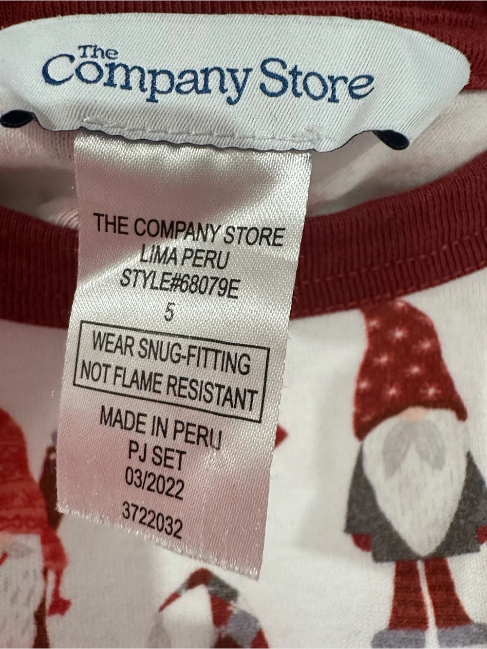 Children's Red Gnome Print Pajama Set - Size 5